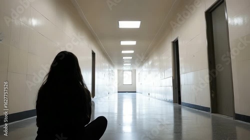 Girl sitting quietly in psychiatric hospital hallway
