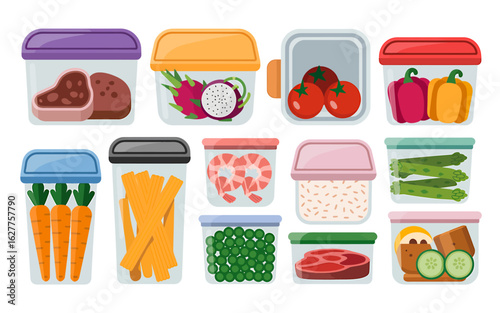 Assortment of Food in Plastic Containers for Storage and Meal Prep Vector Illustration