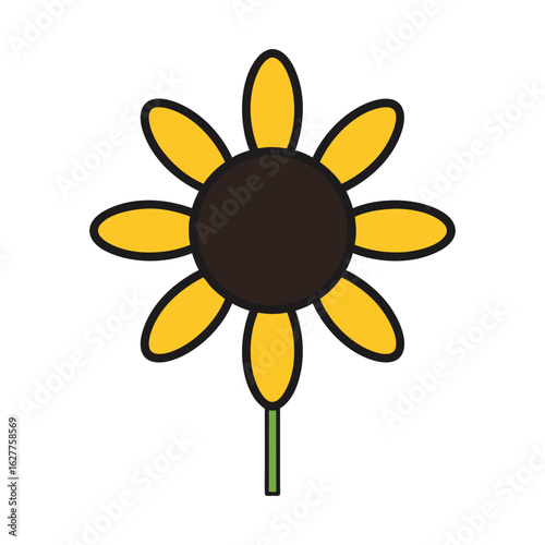 Simple cartoon black eyed susan flower with green stem