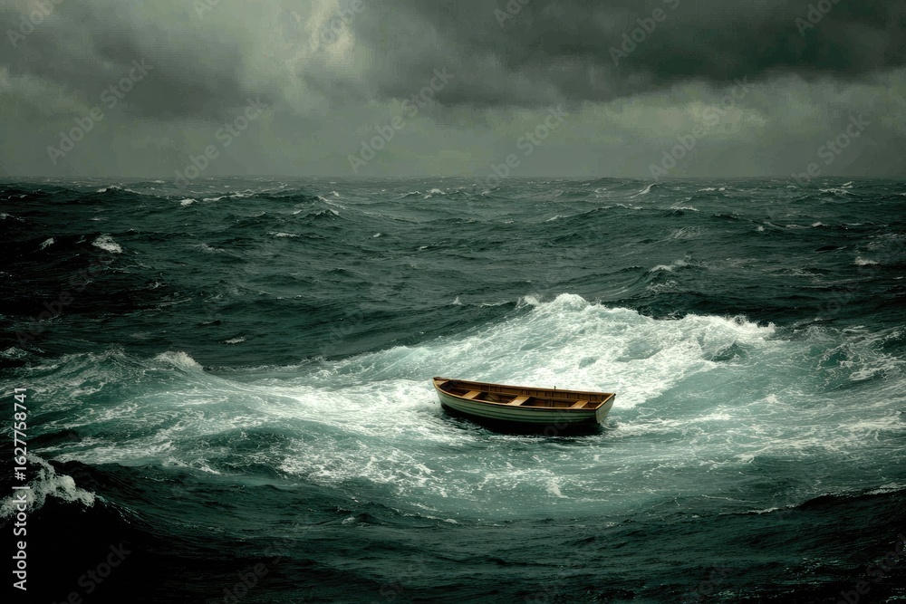 Naklejka premium Small boat adrift on a stormy sea