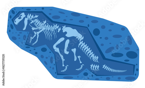 illustration of Tyrannosaurus rex fossil a large carnivorous dinosaur embedded in a blue rock formation skeletal remains T-rex structure ancient geological kids fun color