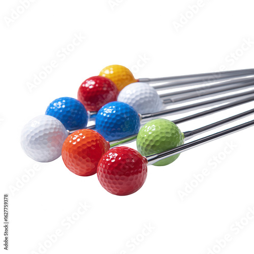 Colorful golf balls on metal rods