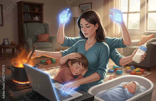 Conceptual art of a multitasking mother juggling remote work, childcare, and household chaos.