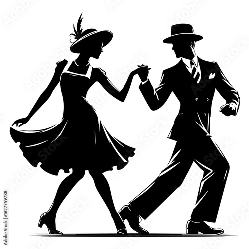 Black and white vector silhouette of a 1940s couple dancing on white background