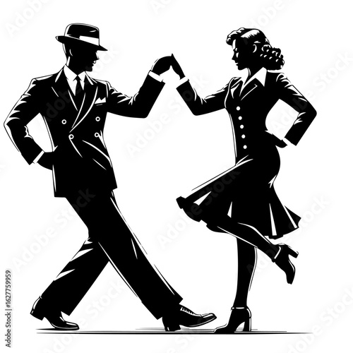 Black and white vector silhouette of a 1940s couple dancing on white background