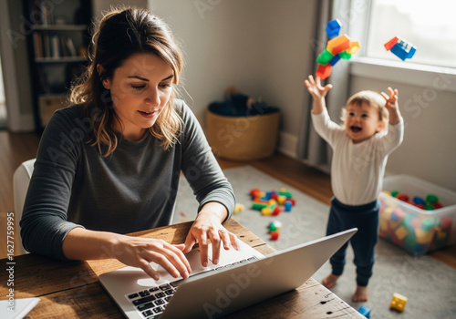 Wallpaper Mural Young mother balances remote work and childcare, writing at a desk beside her toddler Torontodigital.ca