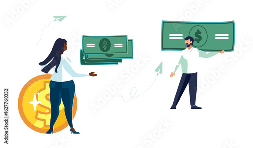 Business people. Financial loan, businessman with briefcase and African American female worker with gold coins.Statistics, financial discussion, banking, analytics, business, money.Vector illustration