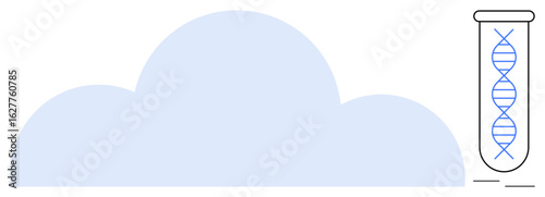 DNA helix inside test tube next to cloud shape, symbolizing biotechnology data in cloud storage. Ideal for bioinformatics, data storage, cloud technology, DNA research, biotech innovation, science
