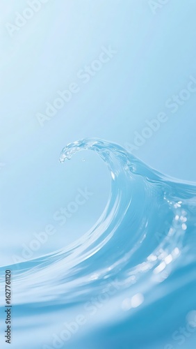 A stunning close-up of a perfectly formed, clear blue water wave, captured in motion with a blurred light background.