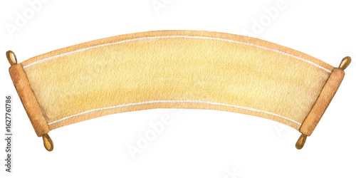 Papyrus ribbon. Hand drawn watercolor illustration of a scroll. Blank manuscript drawing for text. Yellow banner template. Rolled paper on wooden rollers