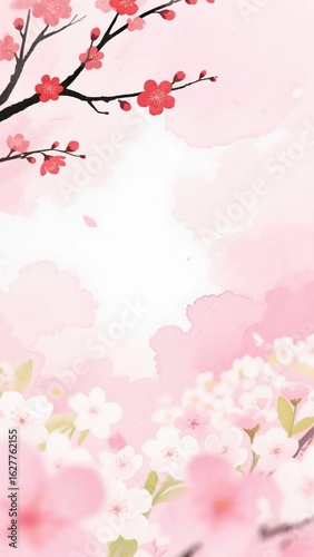 A vertical watercolor illustration of a beautiful spring background with delicate pink and red cherry blossoms, and white flowers against a soft pink sky with clouds.