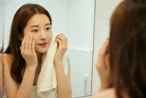 A beautiful young Asian woman with a smile, holding a white towel and patting her face in the bathroom, looking at her reflection in the mirror.