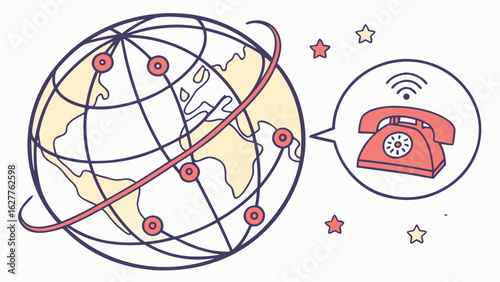 Global communication network with vintage telephone and star icons in a cartoon style design