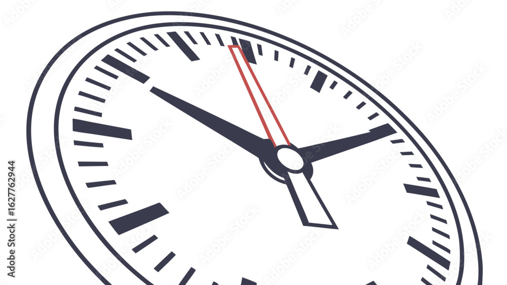 Illustration of a clock face with black hour and minute hands and a red second hand on white background Illustration of a clock face with black hour and minute hands and a red second hand on white background