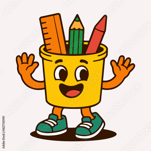 Cute Pencil Cup Cartoon Mascot with School Supplies. Vector illustration.
