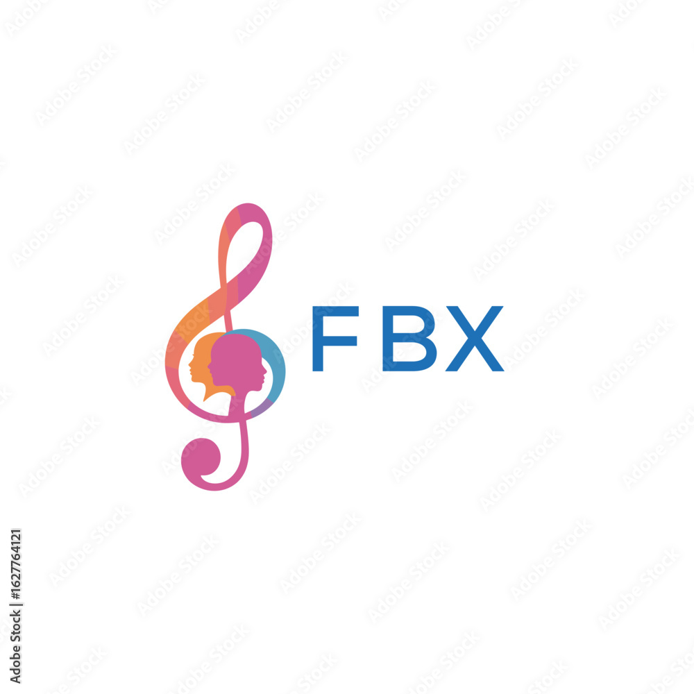 Naklejka premium FBX “Colorful music logo with human faces and treble clef design” FBX Later Logo, “Abstract music school logo with people and melody icon” 