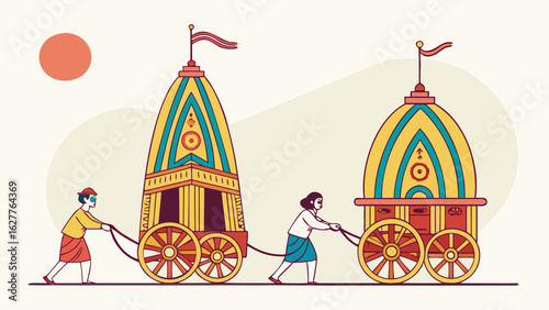 Two people pulling decorated chariots with flags under a sun on a light background in a cartoon style