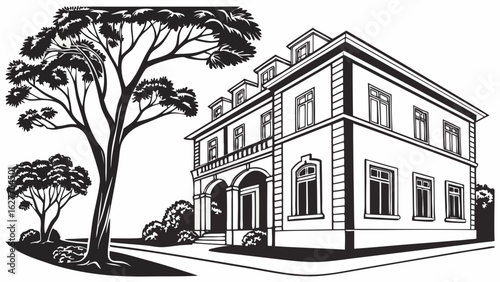 Illustration of a two story building with dormers and arched entryway next to a large leafy tree drawing