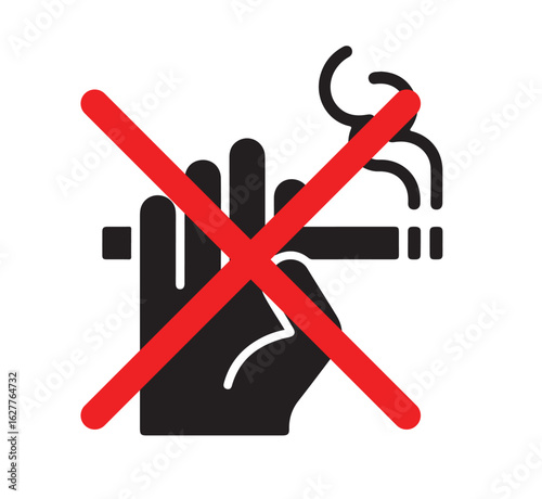 A graphic image depicting a hand holding a cigarette with a red cross over it indicating no smoking allowed