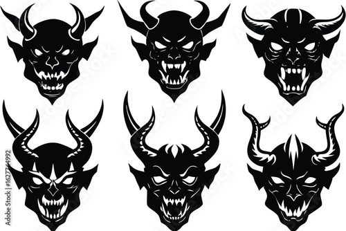 Collection of six black and white demon faces with horns and fangs