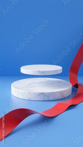 A stunning 3D rendered floating marble podium with a flowing red ribbon on a vibrant blue background.