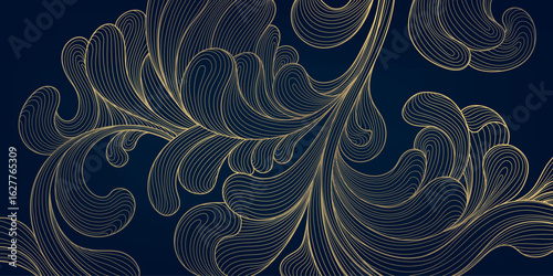 Vector line swirl, abstract luxury leaves pattern. Art deco vintage floral texture, elegant gold on black decor, nature graphic.