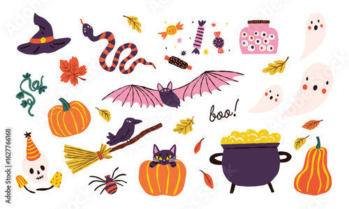 Collection of various whimsical halloween clipart. Set of simple and cute items for design. Vector hand drawn illustration. All elements are isolated.