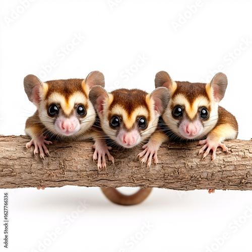 Three Sugar Gliders on a Branch in Natural Habitat