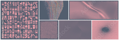 Array with dynamic particles. Grid surface. Chaotic concentration and dispersion of small dots. Geometrical design. Illustration for brochure, poster, cover, card, presentation, flyer or banner.