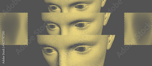 Three male faces are positioned one above the other and decrease in size. Growing progression within a surreal image. 3D grid surface. Illustration for brochure, poster, cover, card, flyer or banner.