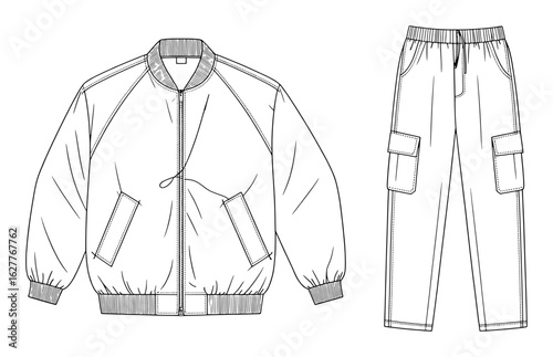 Bomber jacket and cargo pants flat sketch clothing