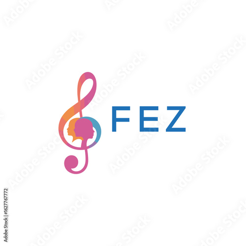 FEZ “Creative music logo with human silhouettes and treble clef in gradient colors, FEZ Later Logo, modern artistic design isolated on white background”
