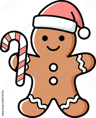 Happy Gingerbread Man Holding Candy Cane and Wearing Santa Hat, Cute Christmas Character Icon