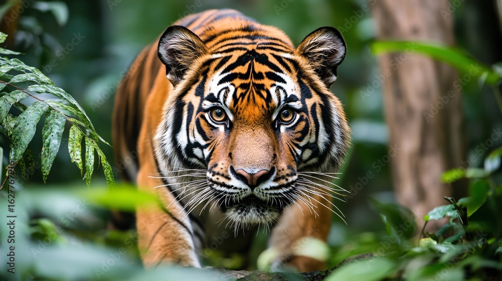 Obraz premium Majestic Tiger Prowls Through Lush Forest Amidst Degradation Threats