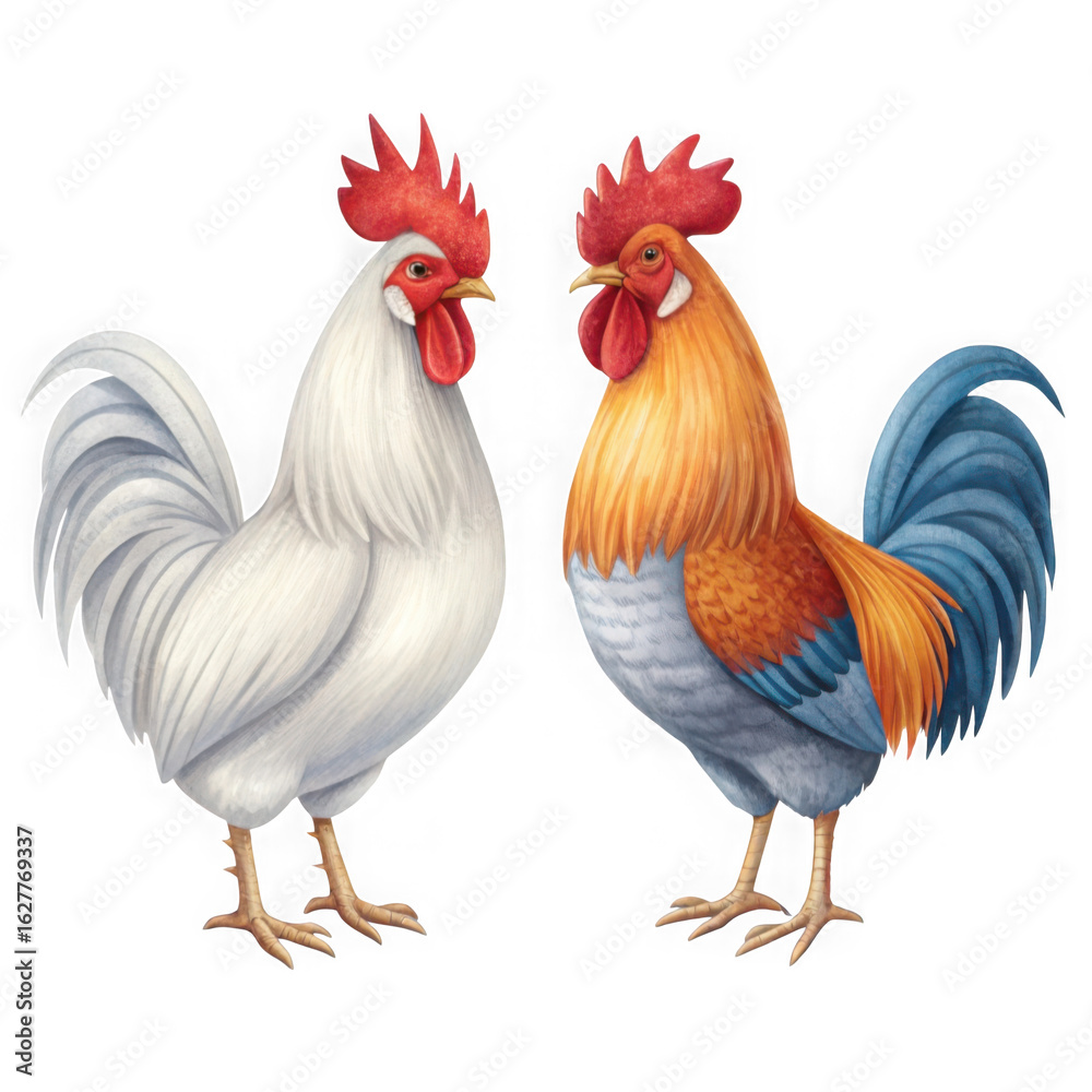 Fototapeta premium Two roosters standing side by side on black background