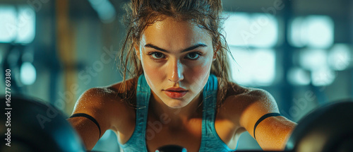Woman in sports clothes, concentrating in the gym. Ideal for advertising sports equipment and fitness programs.