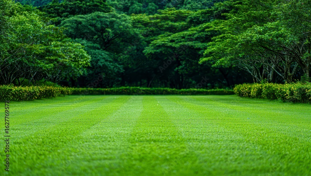 Obraz premium Lush green lawn stretches to a backdrop of dense trees