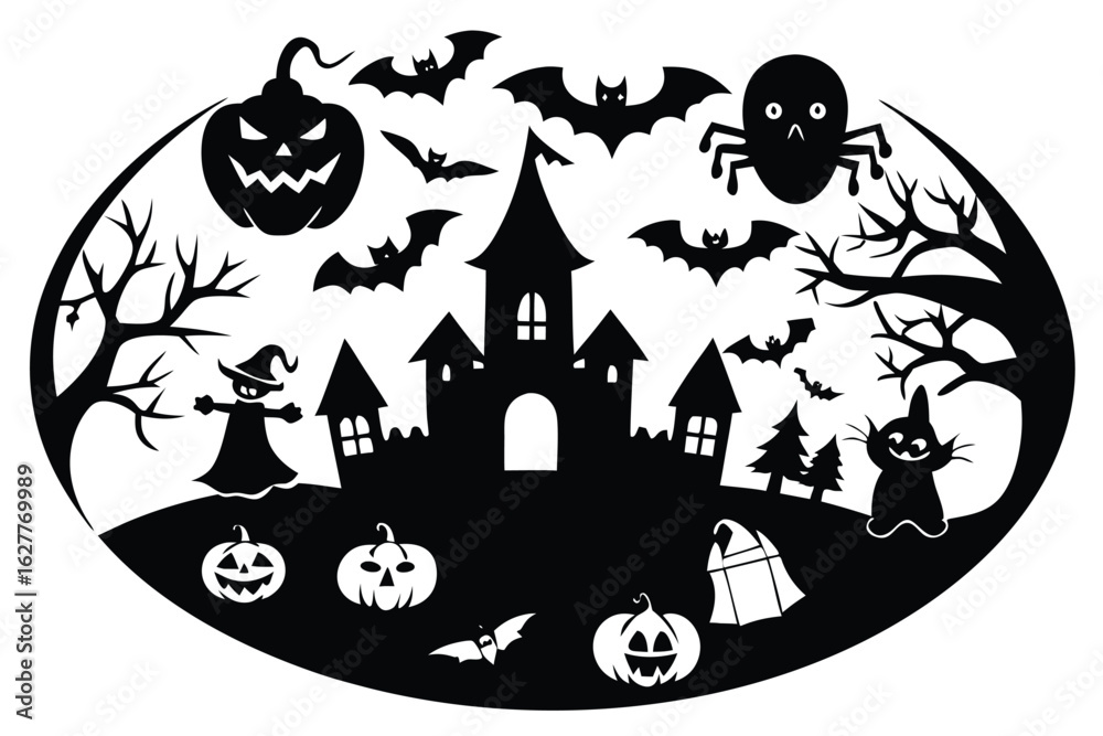 Obraz premium Halloween silhouette scene with haunted castle witch pumpkins bats and black cat
