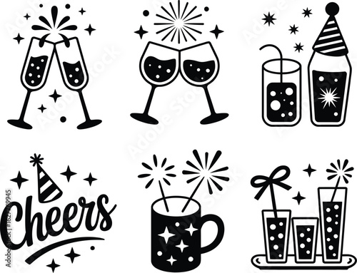 Collection of festive celebration icons with champagne glasses drinks and fireworks