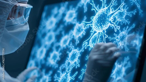 Scientist Analyzing Data on Digital Screen in Futuristic Laboratory