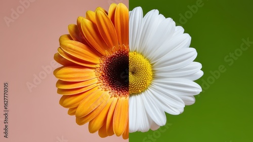Split Flower Displaying Orange and White Petals on Colorful Backgrounds