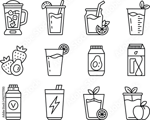 Collection of hand drawn healthy drinks and ingredients for a balanced diet