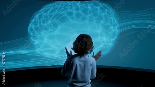 Person Engaging with Futuristic Brain Visualization in Virtual Reality