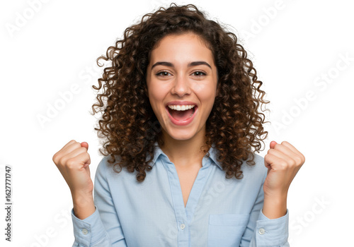 Excited young woman celebrating success isolated on transparent background