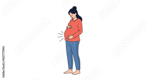 Pregnant woman touching her belly feeling baby movements and kicks happily