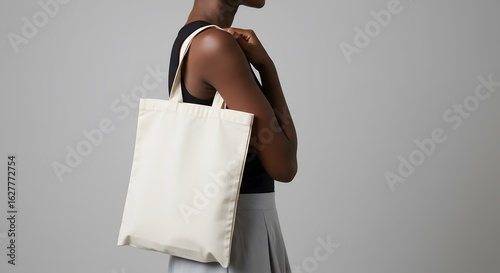 Woman carrying a plain white canvas tote bag over her shoulder, showcasing a simple and minimalist fashion accessory against a neutral gray background
