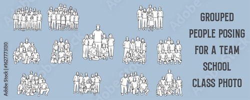 Architectural Drawings grouped people posing for a team, school, or class photo vector illustration, side view, human person Minimal style hand drawn.