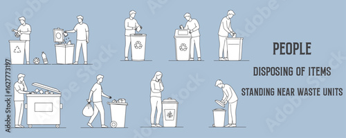 Architectural Drawings people disposing of items or standing near waste units vector illustration, side view, human person Minimal style hand drawn.