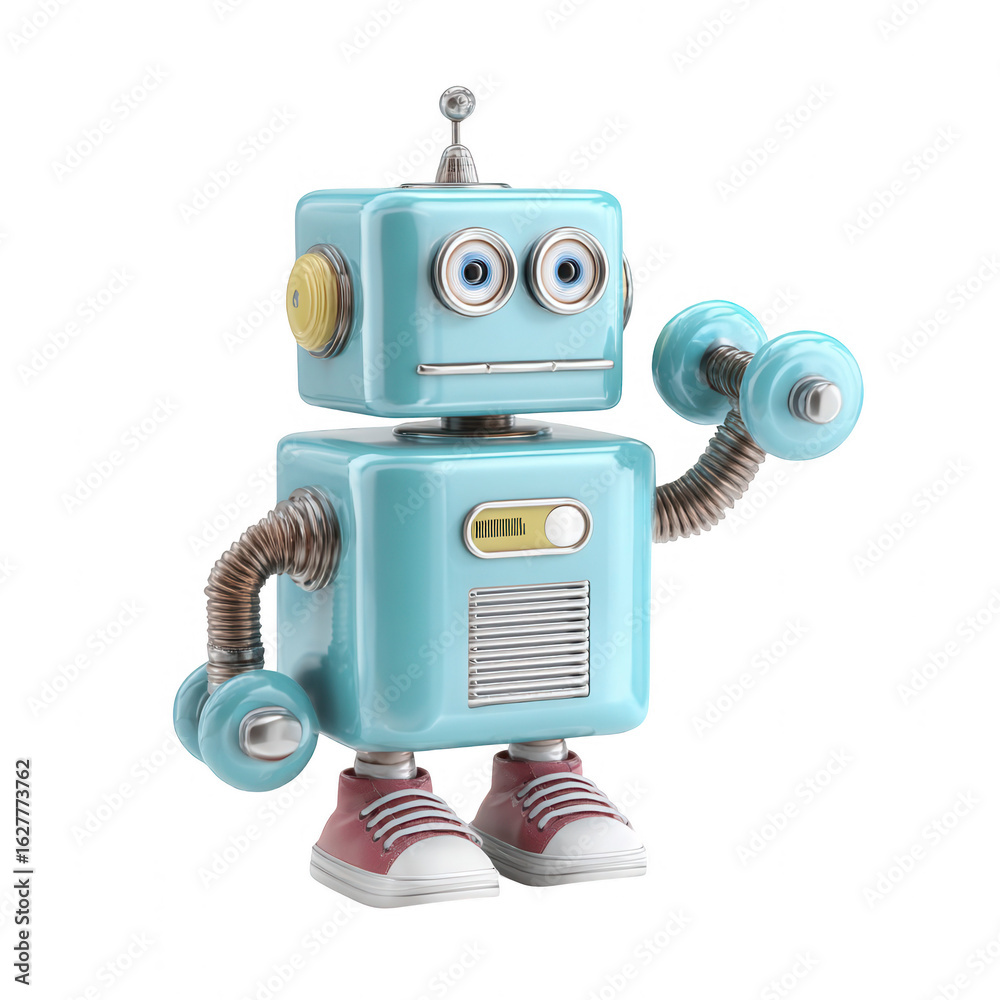 Fototapeta premium Light-blue retro robot lifting dumbbells