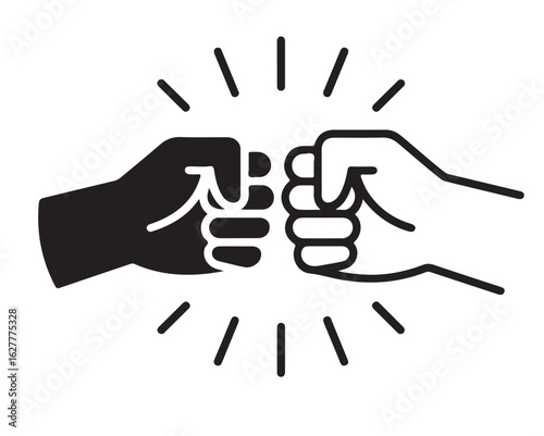 Two fists bumping together in a gesture of solidarity and agreement on a white background with radiating lines